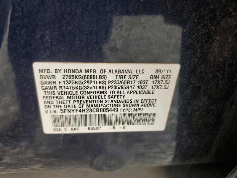 2012 Honda Pilot მანქანა იყიდება აუქციონზე, vin: 5FNYF4H28CB005449, აუქციონის ნომერი: 62270226