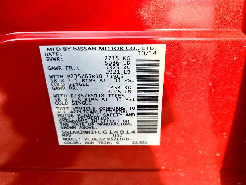 60450196 :رقم المزاد ، 5N1AR2MN1FC614814 vin ، 2015 Nissan Pathfinder مزاد بيع