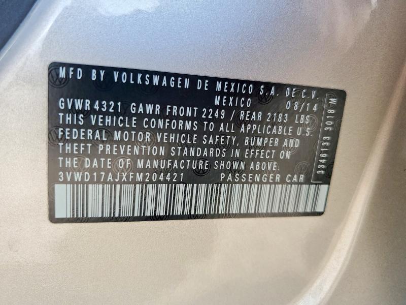 2015 Volkswagen Jetta მანქანა იყიდება აუქციონზე, vin: 3VWD17AJXFM204421, აუქციონის ნომერი: 62705176