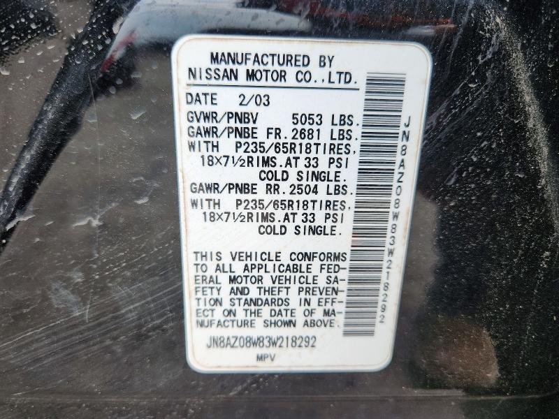 2003 Nissan Murano მანქანა იყიდება აუქციონზე, vin: JN8AZ08W83W218292, აუქციონის ნომერი: 62839216
