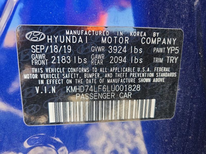 60778536 :رقم المزاد ، KMHD74LF6LU001828 vin ، 2020 Hyundai Elantra مزاد بيع