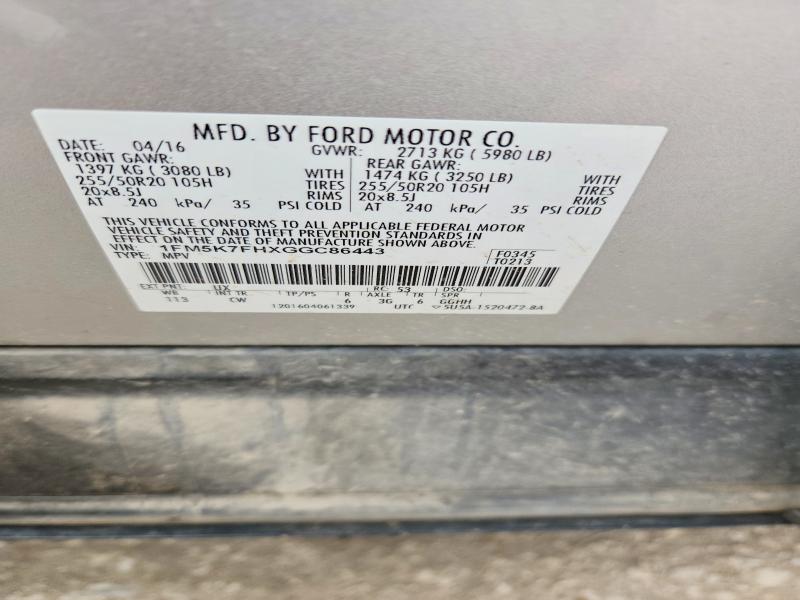 Продаж на аукціоні авто 2016 Ford Explorer, vin: 1FM5K7FHXGGC86443, номер лоту: 61204186