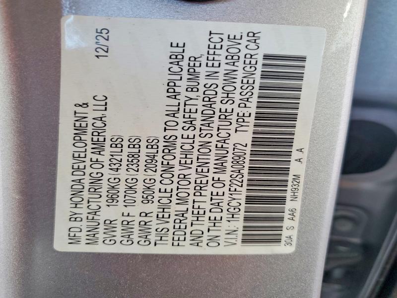 61370766 :رقم المزاد ، 1HGCY1F22SA089072 vin ، 2025 Honda Accord مزاد بيع