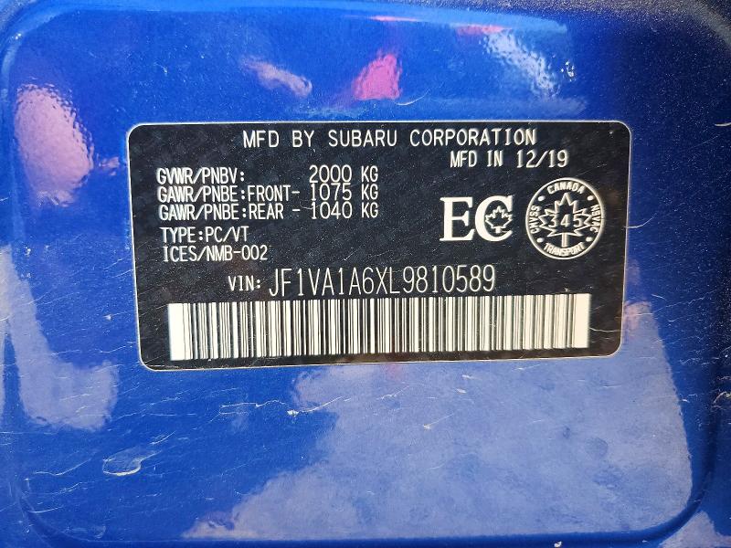 2020 Subaru Wrx მანქანა იყიდება აუქციონზე, vin: JF1VA1A6XL9810589, აუქციონის ნომერი: 60304796