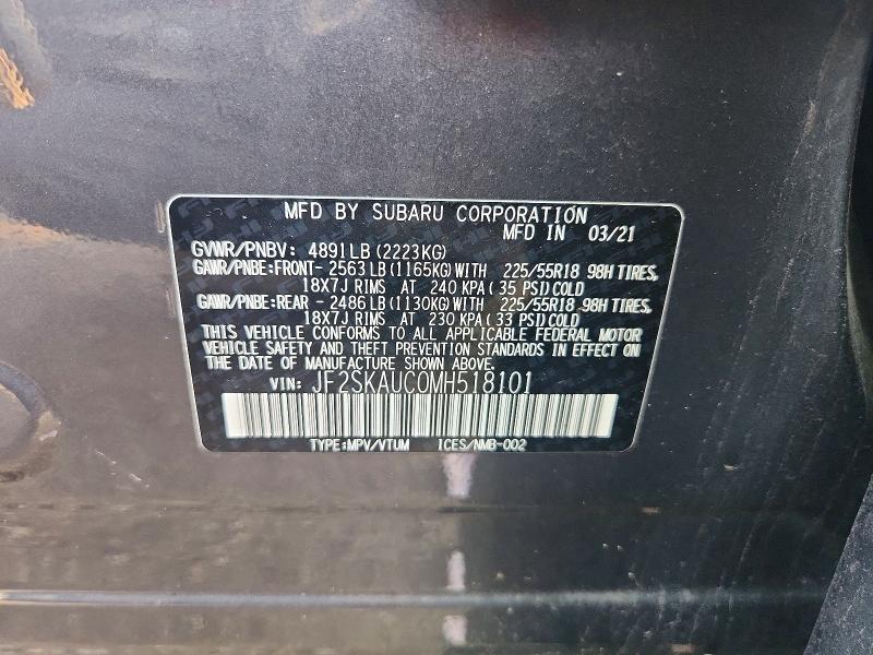 Продажа на аукционе авто 2021 Subaru Forester, vin: JF2SKAUC0MH518101, номер лота: 60661396