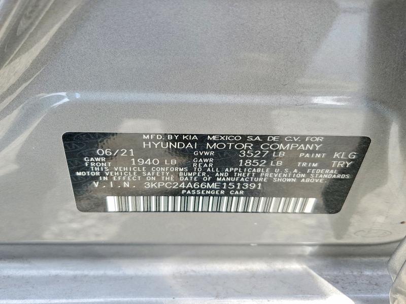 2021 Hyundai Accent მანქანა იყიდება აუქციონზე, vin: 3KPC24A66ME151391, აუქციონის ნომერი: 63217636