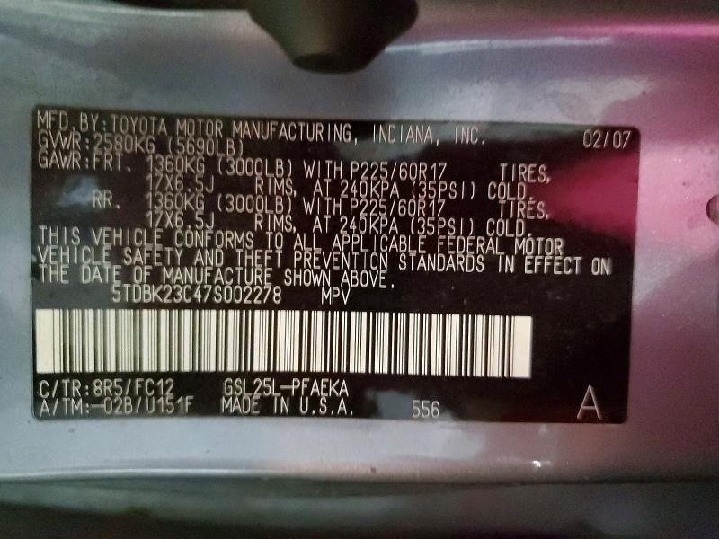 59257276 :رقم المزاد ، 5TDBK23C47S002278 vin ، 2007 Toyota Sienna مزاد بيع