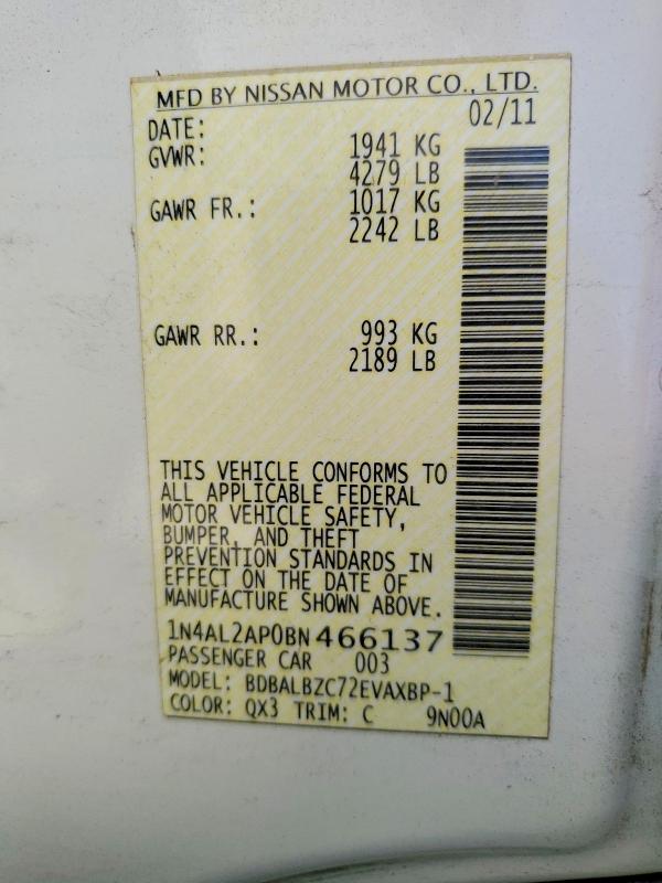 2011 Nissan Altima მანქანა იყიდება აუქციონზე, vin: 1N4AL2AP0BN466137, აუქციონის ნომერი: 60040226