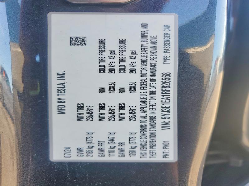 2024 Tesla Model 3 მანქანა იყიდება აუქციონზე, vin: 5YJ3E1EA1RF826568, აუქციონის ნომერი: 59807266