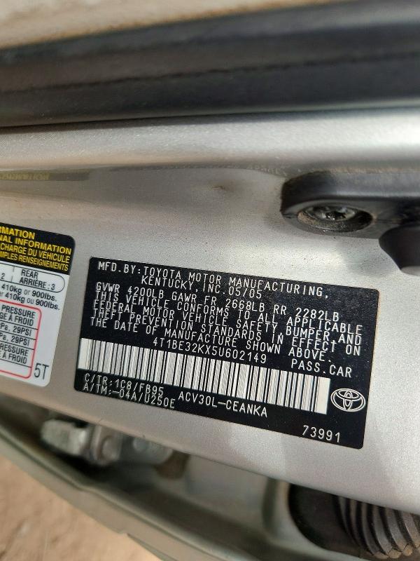 2005 Toyota Camry მანქანა იყიდება აუქციონზე, vin: 4T1BE32KX5U602149, აუქციონის ნომერი: 61392786