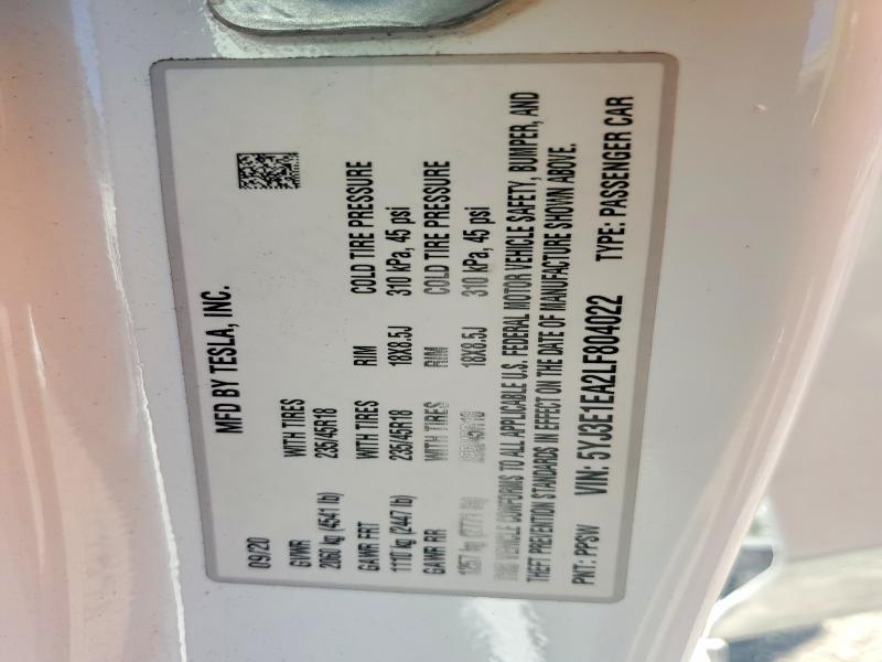 2020 Tesla Model 3 მანქანა იყიდება აუქციონზე, vin: 5YJ3E1EA2LF804022, აუქციონის ნომერი: 62704746