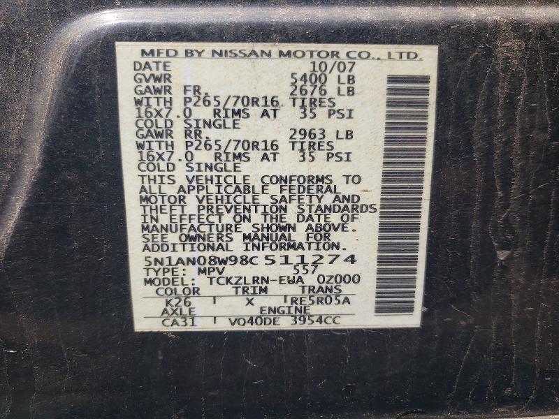 2008 Nissan Xterra მანქანა იყიდება აუქციონზე, vin: 5N1AN08W98C511274, აუქციონის ნომერი: 85608925