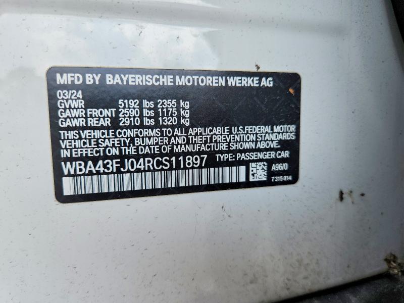 Auction sale of the 2024 Bmw 530, vin: WBA43FJ04RCS11897, lot number: 62285726
