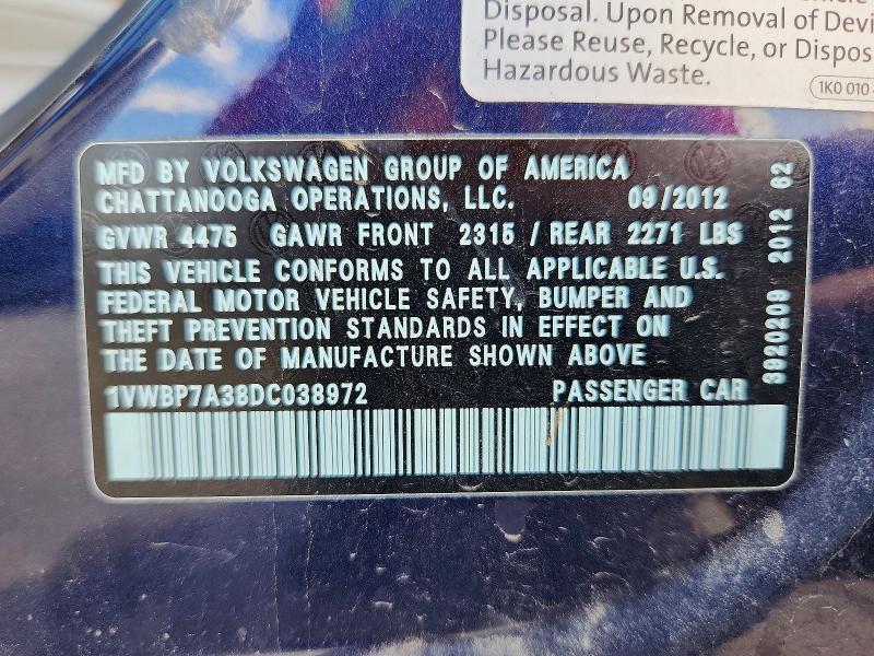 Продажа на аукционе авто 2013 Volkswagen Passat, vin: 1VWBP7A38DC038972, номер лота: 62780936