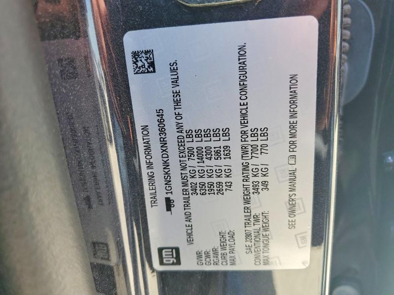 2022 Chevrolet Tahoe მანქანა იყიდება აუქციონზე, vin: 1GNSKNKDXNR360645, აუქციონის ნომერი: 59540196