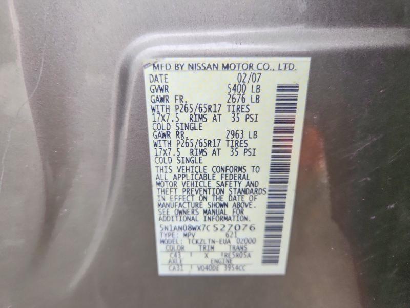2007 Nissan Xterra მანქანა იყიდება აუქციონზე, vin: 5N1AN08WX7C527076, აუქციონის ნომერი: 59700446