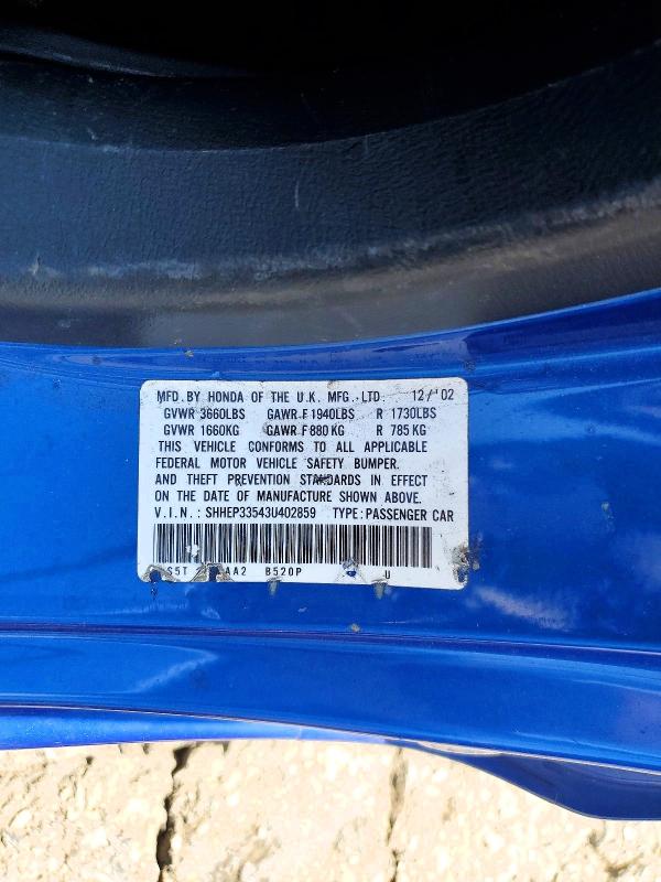 61579786 :رقم المزاد ، SHHEP33543U402859 vin ، 2003 Honda Civic مزاد بيع