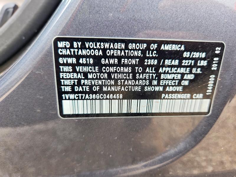 Продаж на аукціоні авто 2016 Volkswagen Passat, vin: 1VWCT7A36GC046458, номер лоту: 61346926