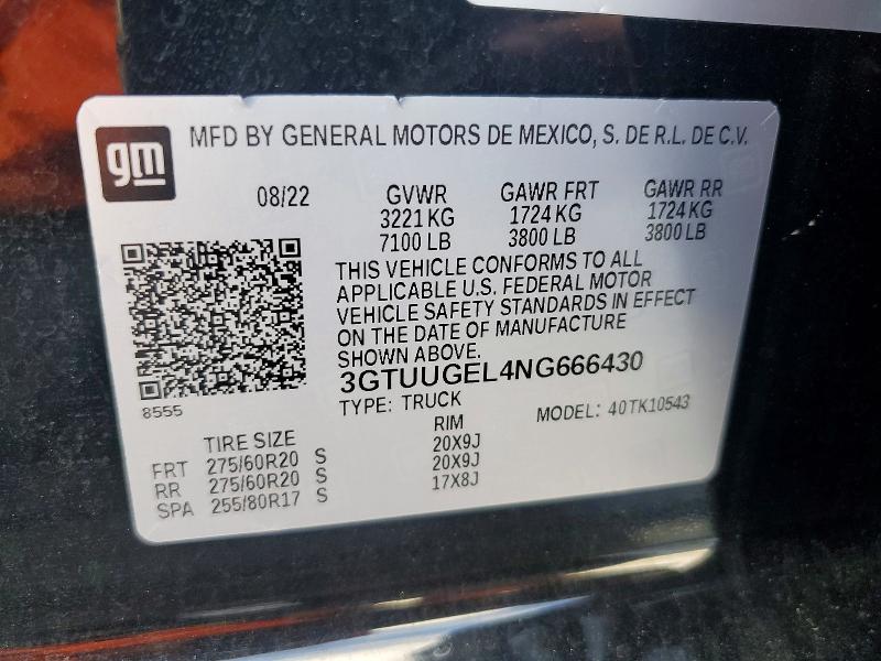 Продаж на аукціоні авто 2022 Gmc Sierra, vin: 3GTUUGEL4NG666430, номер лоту: 59315046