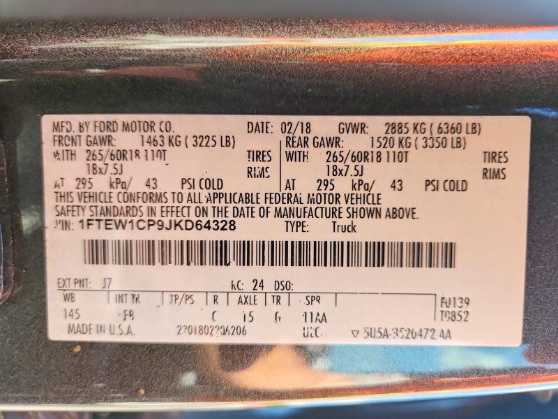 Продажа на аукционе авто 2018 Ford F150, vin: 1FTEW1CP9JKD64328, номер лота: 60126836