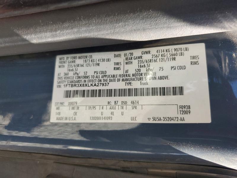 Aukcja sprzedaży 2020 Ford Transit, vin: 1FTBR3X8XLKA27937, numer aukcji: 58732856