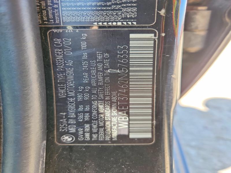 59965336 :رقم المزاد ، WBAET37462NG76353 vin ، 2002 Bmw 325 مزاد بيع