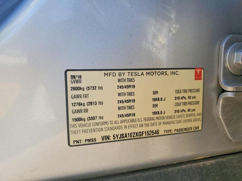 Продажа на аукционе авто 2016 Tesla Model S, vin: 5YJSA1E2XGF152546, номер лота: 62607746