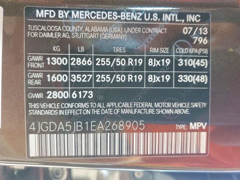 59611806 :رقم المزاد ، 4JGDA5JB1EA268905 vin ، 2014 Mercedes-benz Ml مزاد بيع