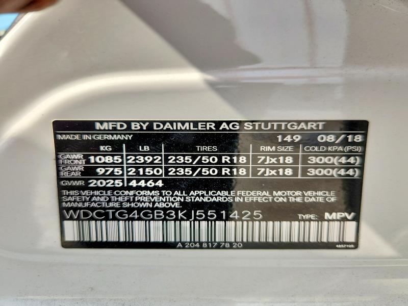 2019 Mercedes-benz Gla მანქანა იყიდება აუქციონზე, vin: WDCTG4GB3KJ551425, აუქციონის ნომერი: 61159646
