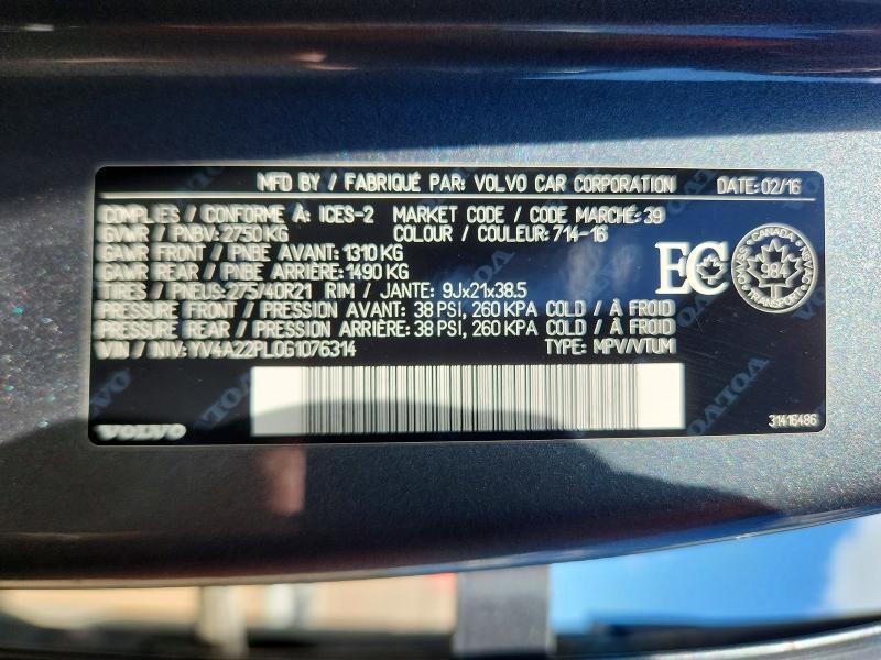 Aukcja sprzedaży 2016 Volvo Xc90, vin: YV4A22PL0G1076314, numer aukcji: 59714966