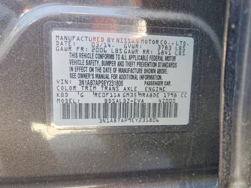 56528476 :رقم المزاد ، 3N1AB7AP9EY231806 vin ، 2014 Nissan Sentra مزاد بيع