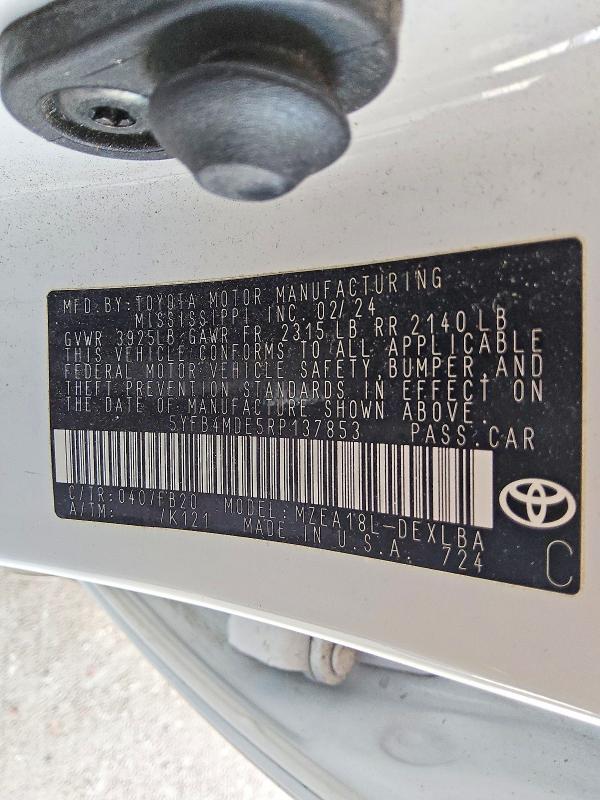 2024 Toyota Corolla მანქანა იყიდება აუქციონზე, vin: 5YFB4MDE5RP137853, აუქციონის ნომერი: 58823946
