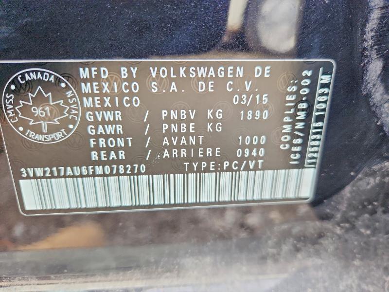 2015 Volkswagen Golf მანქანა იყიდება აუქციონზე, vin: 3VW217AU6FM078270, აუქციონის ნომერი: 61771406