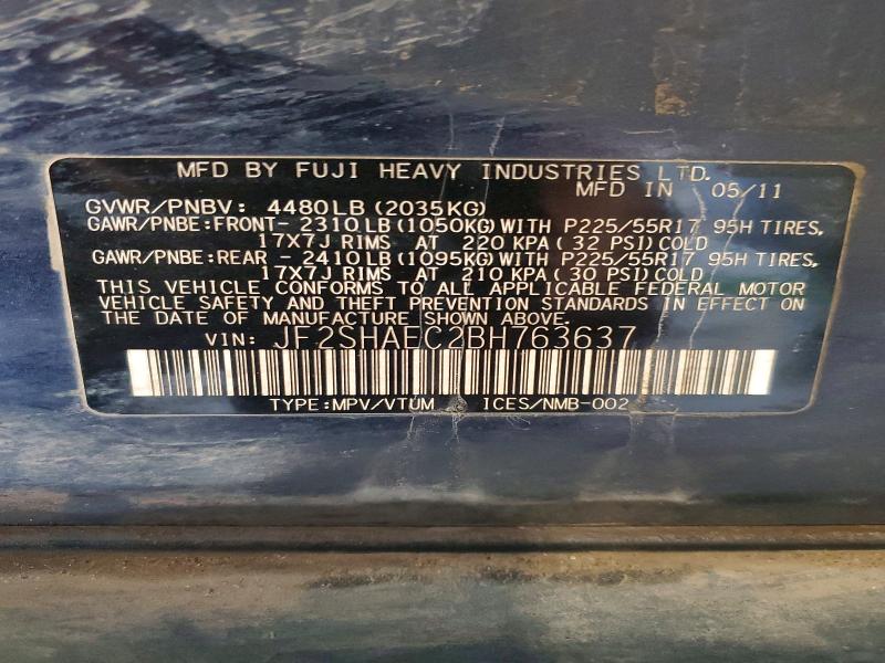 2011 Subaru Forester მანქანა იყიდება აუქციონზე, vin: JF2SHAEC2BH763637, აუქციონის ნომერი: 62950326
