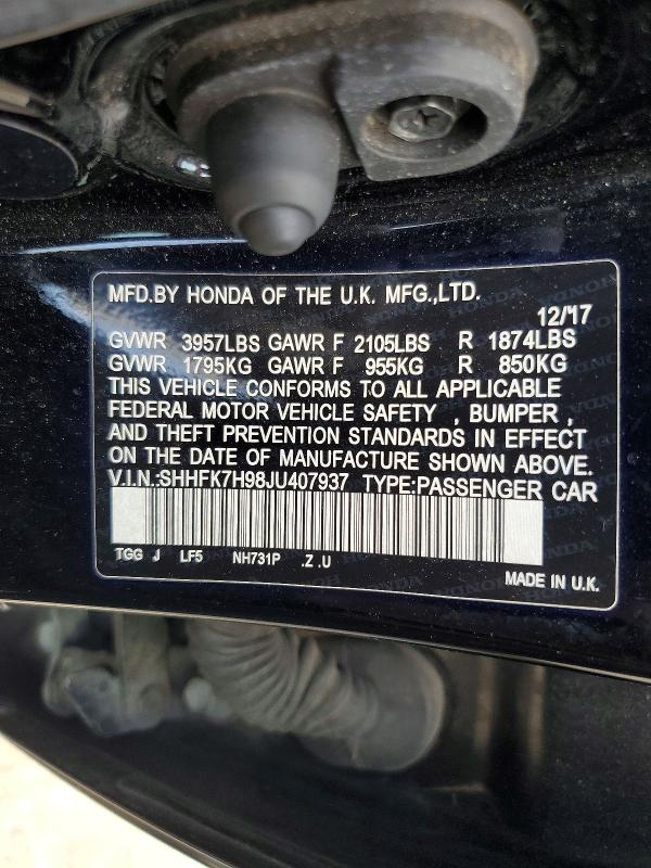 Aukcja sprzedaży 2018 Honda Civic, vin: SHHFK7H98JU407937, numer aukcji: 62472656