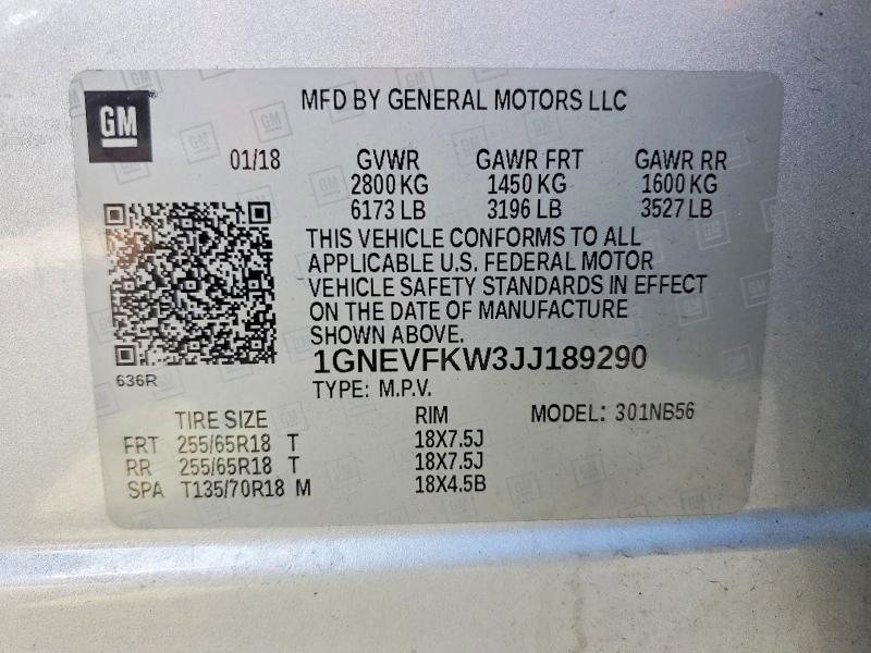 Продажа на аукционе авто 2018 Chevrolet Traverse, vin: 1GNEVFKW3JJ189290, номер лота: 59784726
