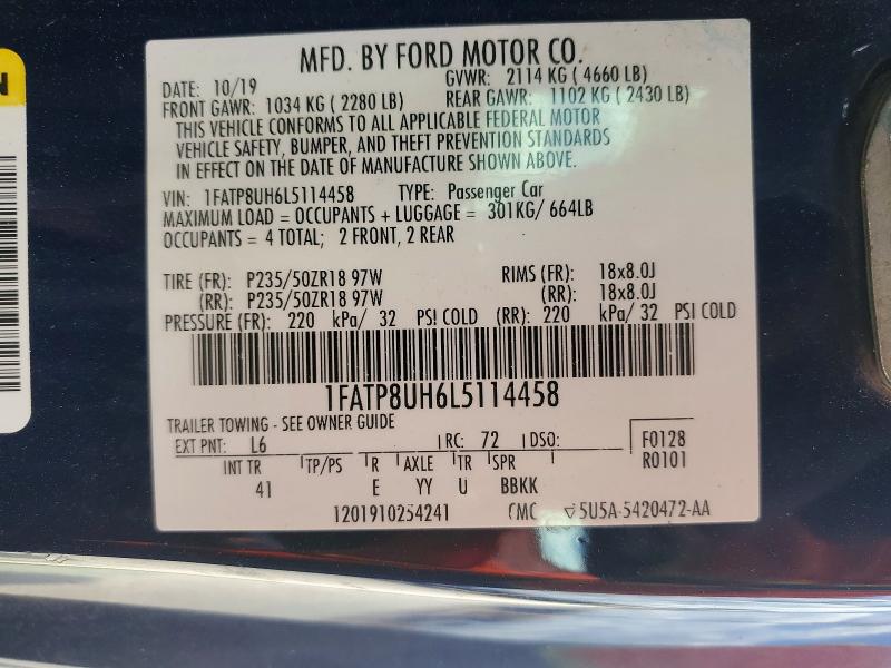 2020 Ford Mustang მანქანა იყიდება აუქციონზე, vin: 1FATP8UH6L5114458, აუქციონის ნომერი: 61380806