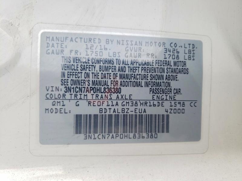 Продажа на аукционе авто 2017 Nissan Versa, vin: 3N1CN7AP0HL836380, номер лота: 60055716
