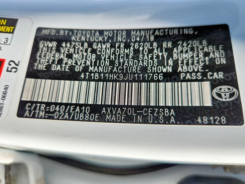 2018 Toyota Camry მანქანა იყიდება აუქციონზე, vin: 4T1B11HK9JU111766, აუქციონის ნომერი: 61715696