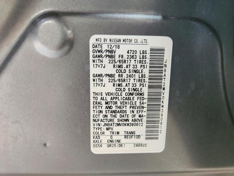 61624466 :رقم المزاد ، JN8AT2MV0KW390812 vin ، 2019 Nissan Rogue مزاد بيع