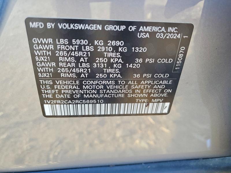Продаж на аукціоні авто 2024 Volkswagen Atlas, vin: 1V2FR2CA2RC569510, номер лоту: 60623266