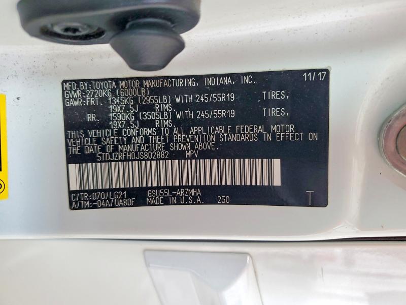 Продажа на аукционе авто 2018 Toyota Highlander, vin: 5TDJZRFH0JS802882, номер лота: 62637306