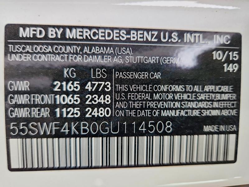 61636336 :رقم المزاد ، 55SWF4KB0GU114508 vin ، 2016 Mercedes-benz C مزاد بيع