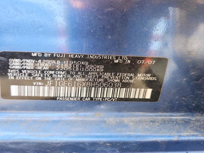 Aukcja sprzedaży 2008 Subaru Impreza, vin: JF1GE616X8H506038, numer aukcji: 62310826