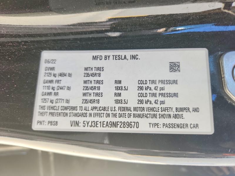 Aukcja sprzedaży 2022 Tesla Model 3, vin: 5YJ3E1EA9NF289670, numer aukcji: 63381026