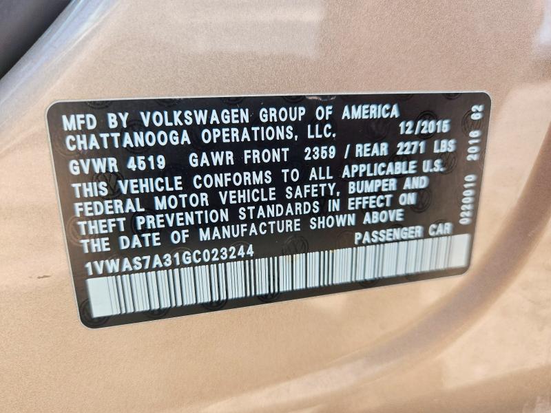 Продажа на аукционе авто 2016 Volkswagen Passat, vin: 1VWAS7A31GC023244, номер лота: 60017806