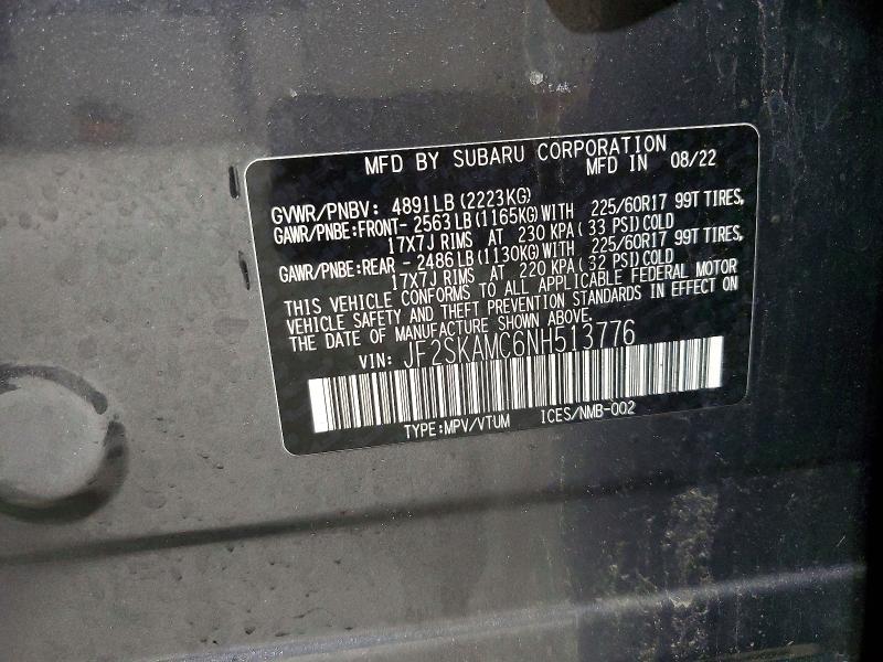 Aukcja sprzedaży 2022 Subaru Forester, vin: JF2SKAMC6NH513776, numer aukcji: 60362946