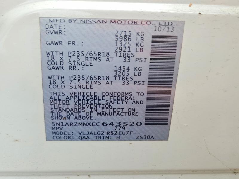 Aukcja sprzedaży 2014 Nissan Pathfinder, vin: 5N1AR2MNXEC643520, numer aukcji: 61788166