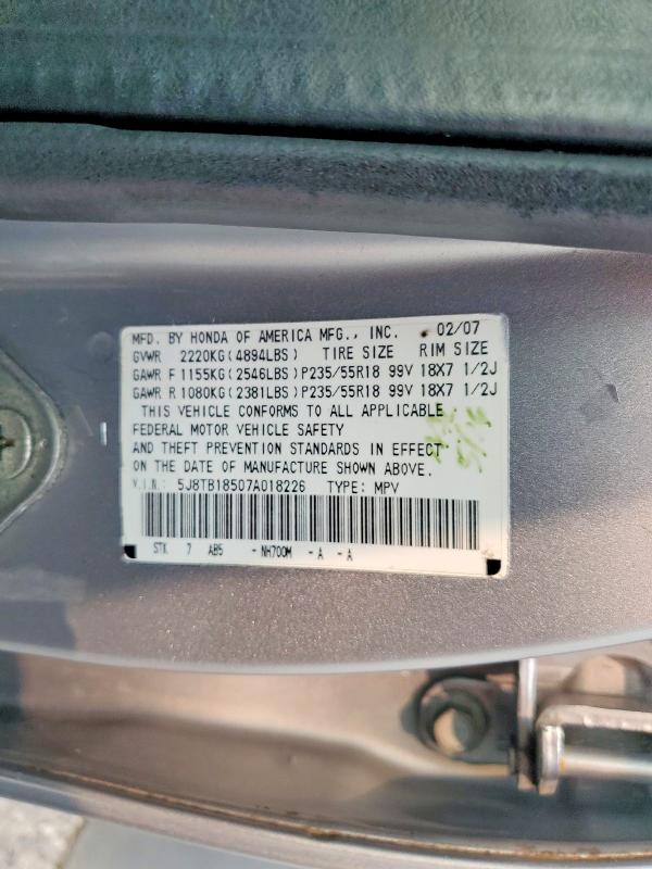 61190266 :رقم المزاد ، 5J8TB18507A018226 vin ، 2007 Acura Rdx مزاد بيع