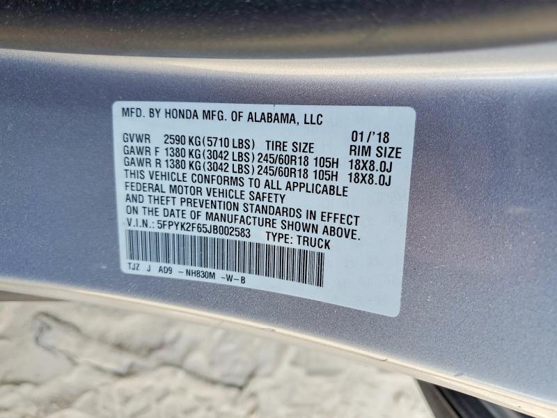 Продажа на аукционе авто 2018 Honda Ridgeline, vin: 5FPYK2F65JB002583, номер лота: 63040546